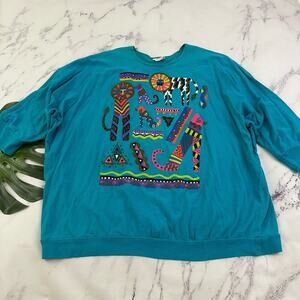 Christina Maxx Womens Vintage 90s Oversize Sweatshirt Size 3XL Teal Cats Graphic